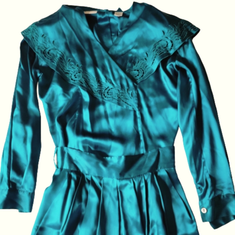 Paul Alexander Vintage 100% silk turquoise midi-dress and blouse set size 4